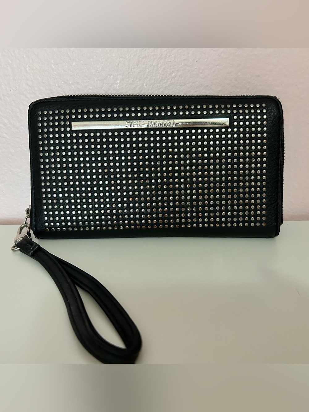 Large Steve Madden Black Studded Wristlet Wallet